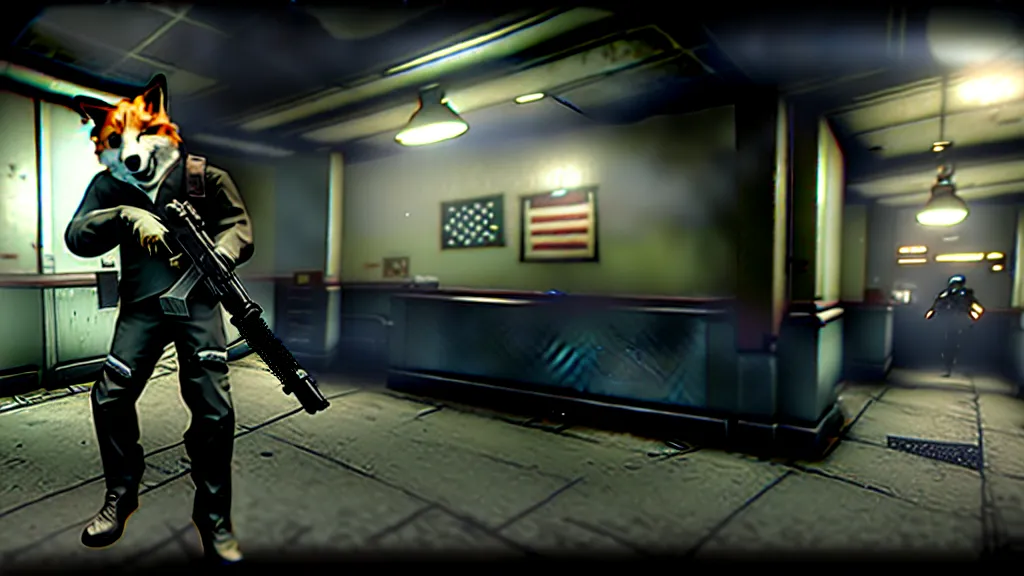 Image similar to screenshot from the pc game payday 2 demonstrating the fursuit unlock - hoxton? more like foxton.