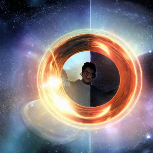 Image similar to space warp portals with a man inside them