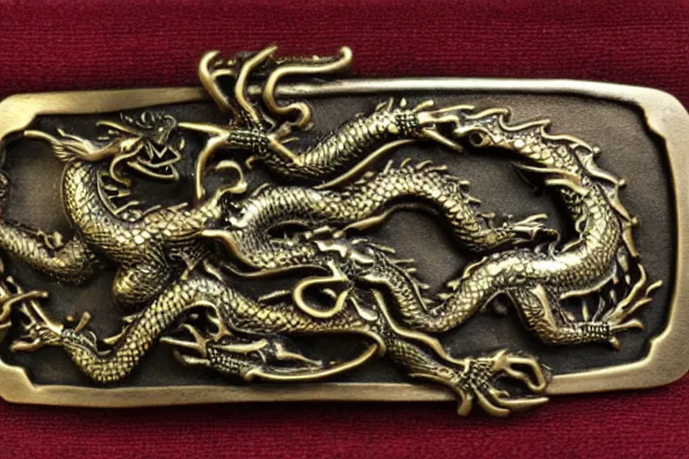 Image similar to belt buckle made of bronze, embossed dragon