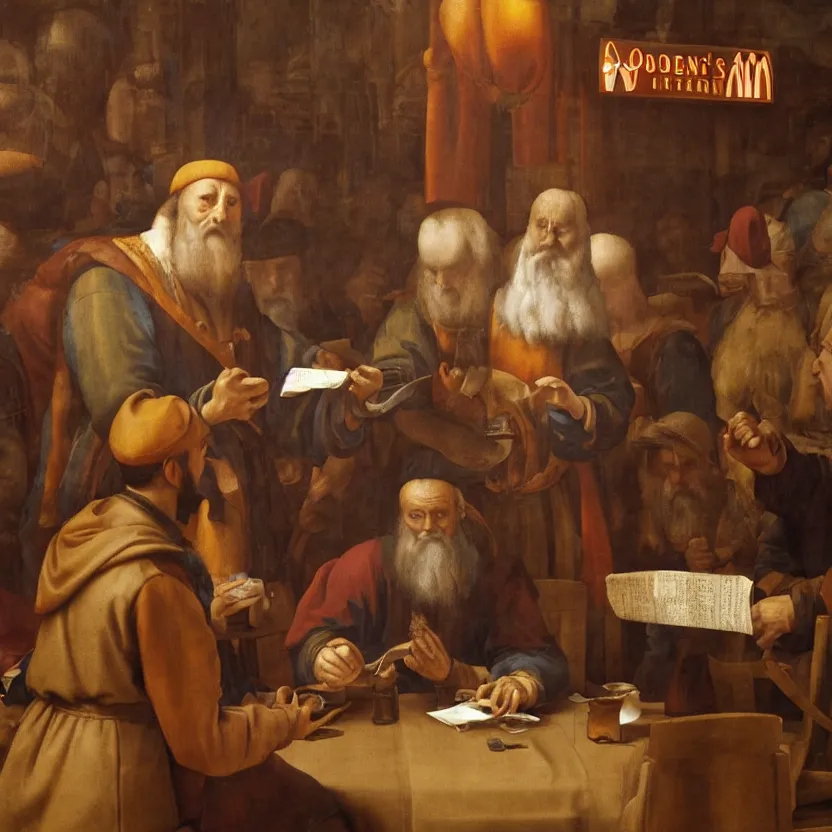 Image similar to Oil painting of a man ordering at McDonald's, renaissance, highly detailed, artstation, unreal engine 5, by Leonardo da Vinci and Michelangelo