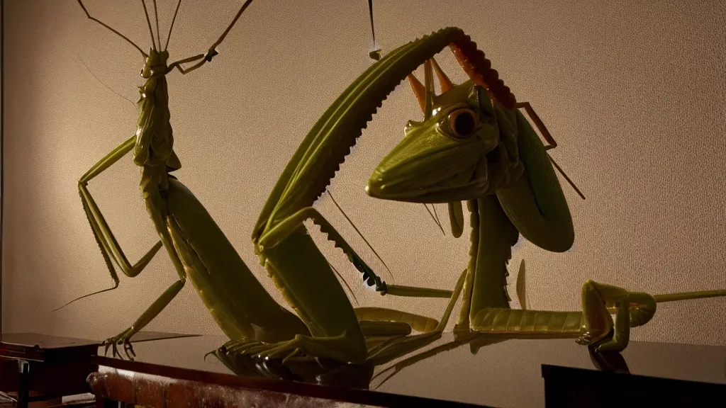 Image similar to the giant praying mantis head in the living room made of wax and water, film still from the movie directed by Denis Villeneuve with art direction by Salvador Dalí, wide lens