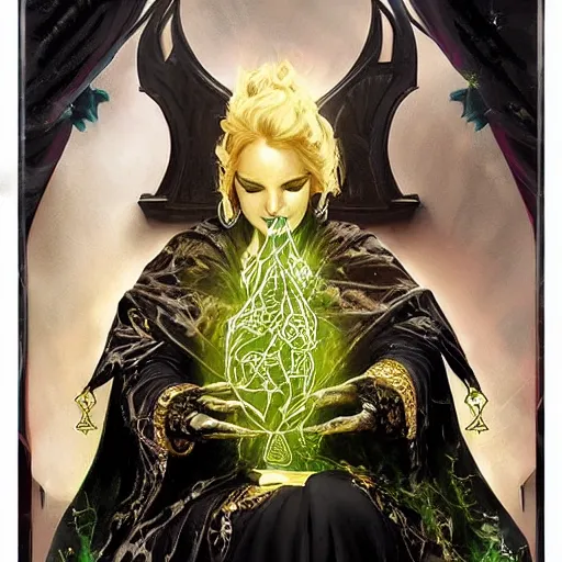 Image similar to a beautiful sorceress wearing a black robe with gold embroidery, sitting at table, casting a spell, green glows, painted by artgerm, in the style of magic the gathering, highly detailed digital art