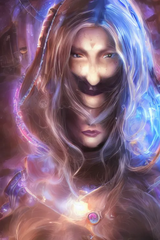 Image similar to Path of Exile, Maven, clear face, big blue eyes, straight nose, female image in shadow, with silver purple hair among colourful lights, dark blue spheres fly around, Anachronism, painting, dark fantasy, steampunk, 4k
