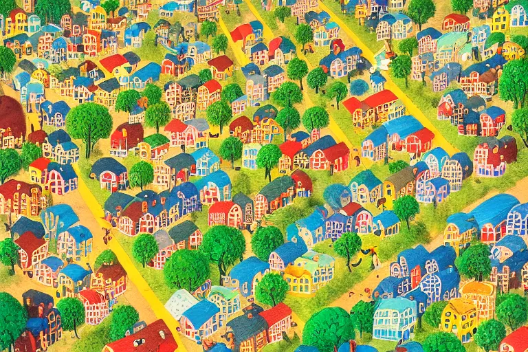 Image similar to an elaborate and dense painting of a peaceful neighborhood, detailed, made of alcohol ink on parchment and penned illustrations, by richard scarry and beeple