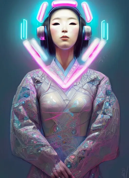 Image similar to wide angle portrait shot of female japanese android wearing a vr headgear and in a very detailed and intricate kimono dress, hologram hovering around her, intricate detail, cyber neon lighting, highly detailed, artstation, glamor pose, concept art, art by peter mohrbacher and artgerm, pinterest, artstation,