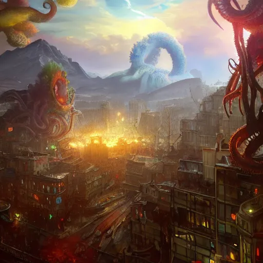 Image similar to bob ross monster with disgusting tentacles, destroying a cityscape, 8 k, highly detailed, digital painting, unreal engine tech demo, vivid colors, artstation, art by artgerm and greg rutkowski and alphonse mucha