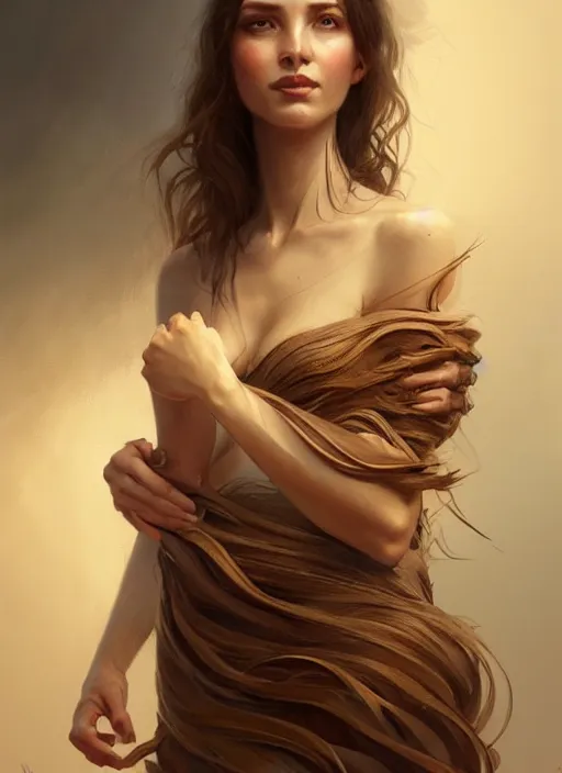 Image similar to portrait of a woman with brown hair wearing a flowing dress, holding her hands out, tattoos of insects, intricate, elegant, highly detailed, digital painting, artstation, concept art, smooth, sharp focus, illustration, art by wlop, mars ravelo and greg rutkowski