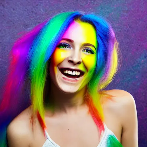 Image similar to smiling woman with rainbow hair and rainbow makeup, viscous rainbow paint, rainbow bg, portrait.