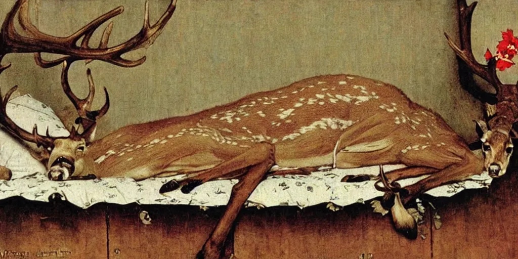 Image similar to deer with antlers sleeping on a cot, norman rockwell