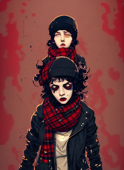 Image similar to highly detailed portrait of a sewer ( ( emo punk ) ) lady student, beanie, tartan scarf, curly hair by atey ghailan, by greg rutkowski, by greg tocchini, by james gilleard, by joe fenton, by kaethe butcher, gradient red, black, brown and cream color scheme, grunge aesthetic!!! graffiti tag wall background