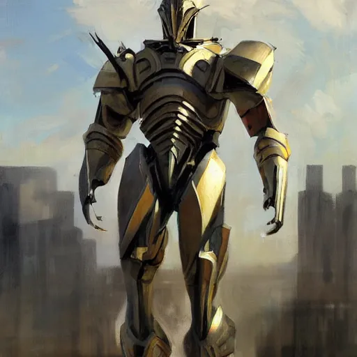 Image similar to Greg Manchess painting of a giant humanoid armour warhead cyborg, medium shot, low angle, full body, asymmetrical, scifi art, Organic Painting, sunny day, Matte Painting, bold shapes, hard edges, street art, trending on artstation, by Huang Guangjian and Gil Elvgren and Sachin Teng