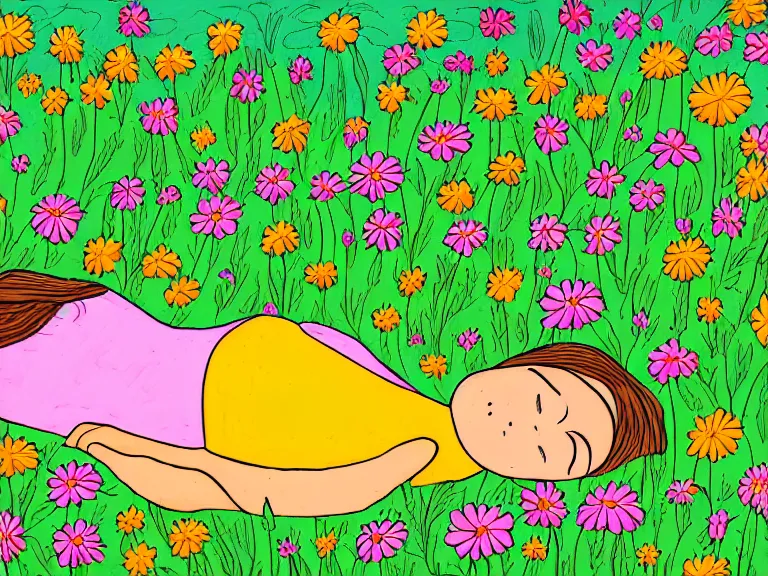 Image similar to drawing of girl laying down in the lawn full of flowers that smells like honey amongst forest with her soul connected to the nature around her. in naive art style