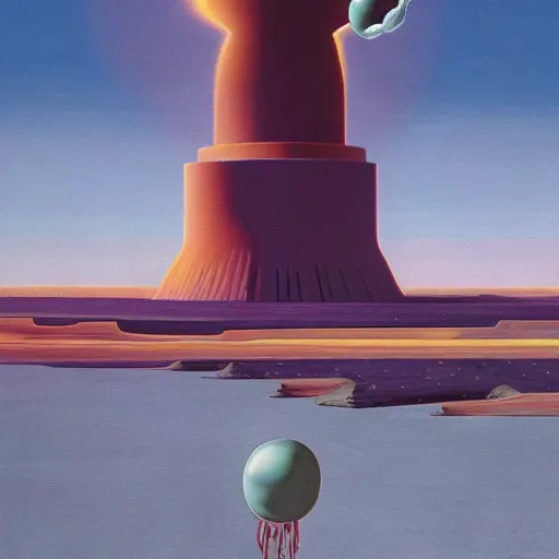 Image similar to powerful chilled land pearnuclear explosion phantasm, by chesley bonestell and beeple, oil on canvas, child's drawing