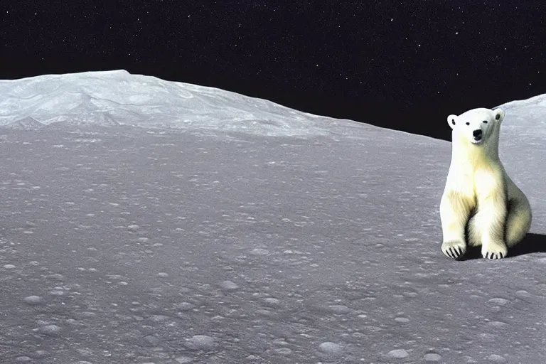 Prompt: a polar bear sitting on the moon by barclay shaw, portrait,