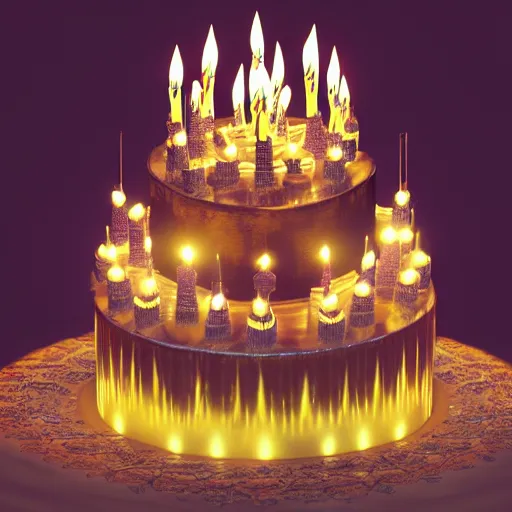 Prompt: epic view of a giant birthday cake with lit candles, cake, candles, 4 k, hyperdetailed, hyperrealistic, trending on artstation, ornate, elegant, dramatic lighting
