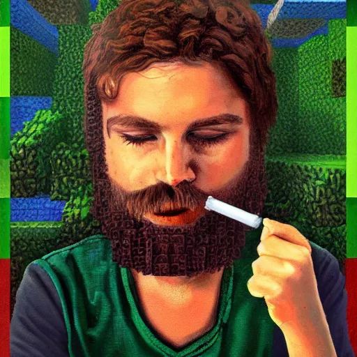 Image similar to minecraft steve smoking weed, 4 k, oil painting