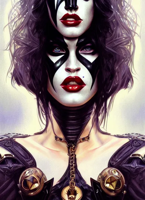 Image similar to portrait of megan fox as kiss, heavy metal, white face makeup, intricate, headshot, highly detailed, digital painting, artstation, concept art, sharp focus, cinematic lighting, illustration, art by artgerm and greg rutkowski, alphonse mucha, cgsociety