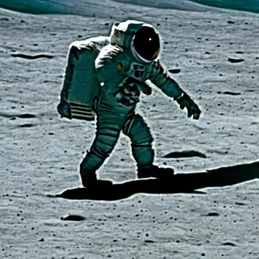 Prompt: apollo 11 footage of the spacemen fighting a green humanoid alien running away from them on the moon, it is filmed by a shaky camera.