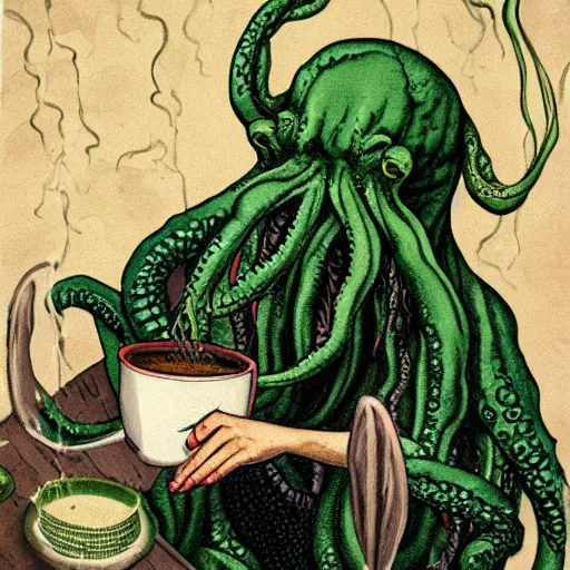 Prompt: A portrait of Cthulhu making a cup of tea and chilling out