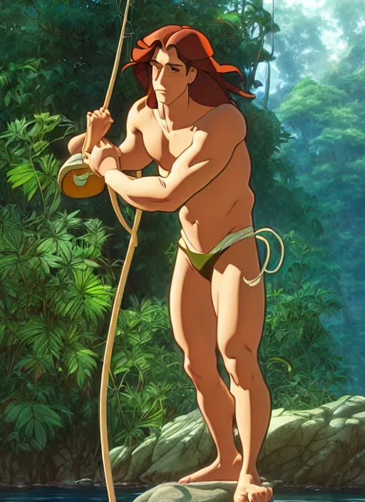 Image similar to cute fisherman tarzan, natural lighting, path traced, highly detailed, high quality, digital painting, by don bluth and ross tran and studio ghibli and alphonse mucha, artgerm