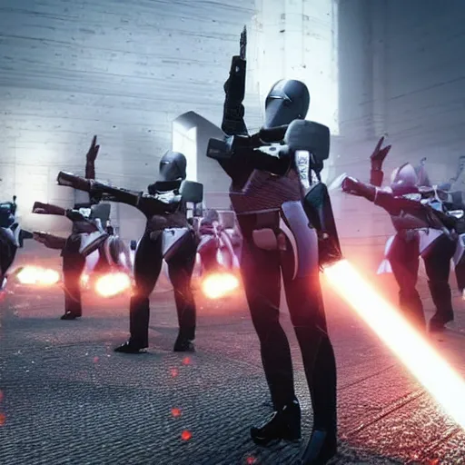 Image similar to british royal guard androids firing lasers, futuristic look, highly detailed body, very powerful, photorealistic camera shot, crisp quality and light reflections, unreal engine 5 quality render