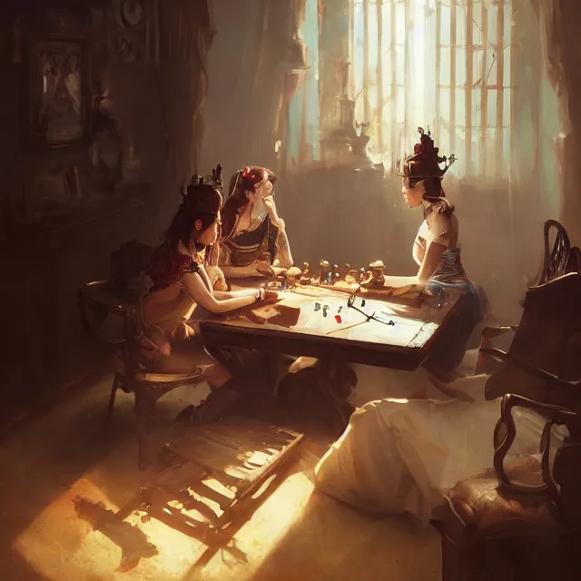 Prompt: a painting of two queens playing games by greg rutkowski, dark fantasy art, high detail, trending on artstation