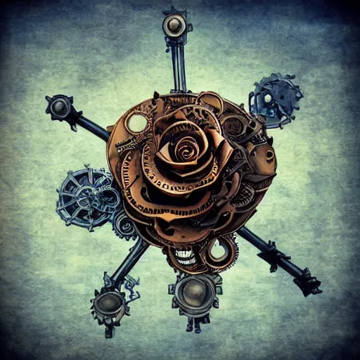 Prompt: giant mechanical rose, steampunk, fantasy art, sky, detailed, behrens style