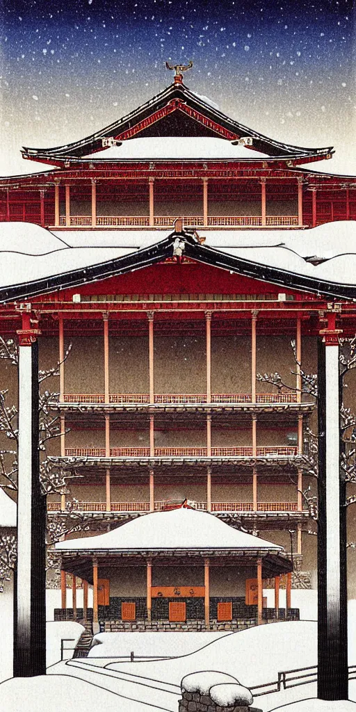 Prompt: a beautiful ancient greek bathhouse in the winter by hasui kawase