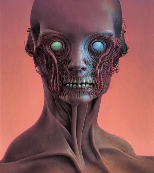 Image similar to portrait of girl melting with machine by wayne barlowe and zdislaw beksinski