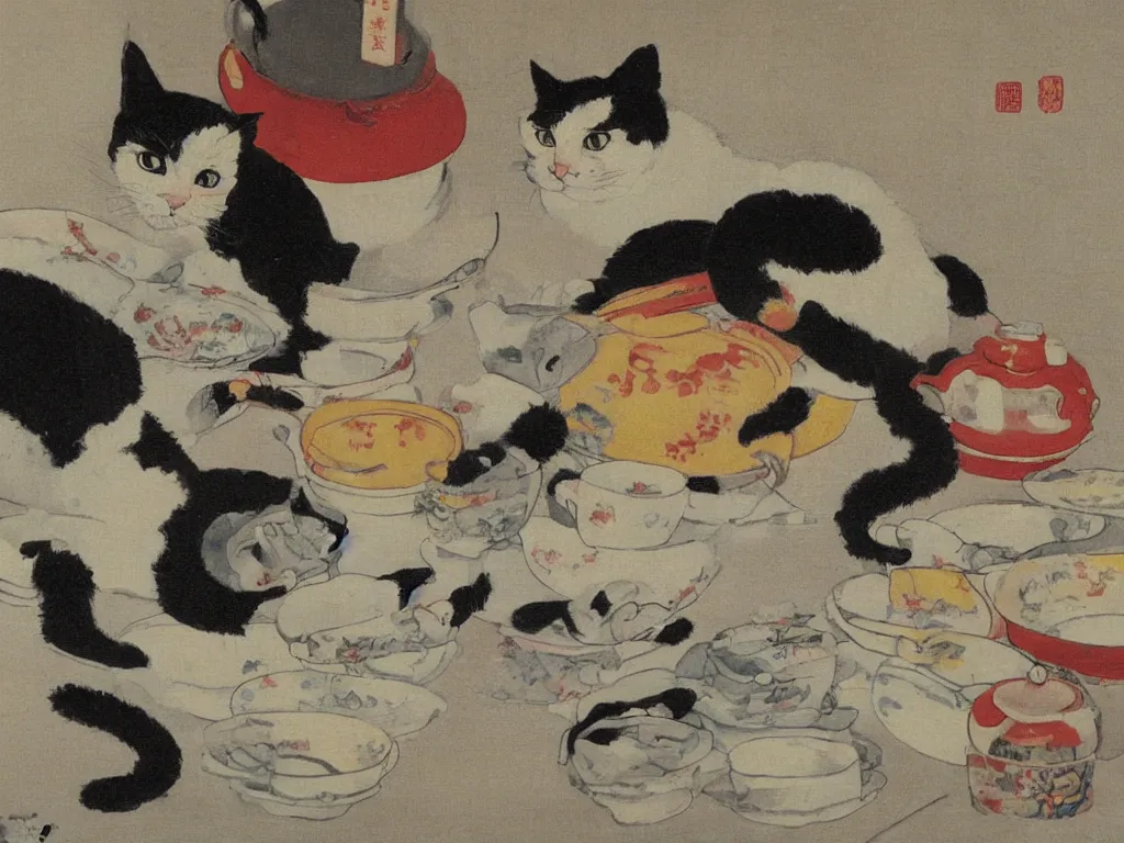 Image similar to cat breaking the china. Painting by Tsuguharu Fujita