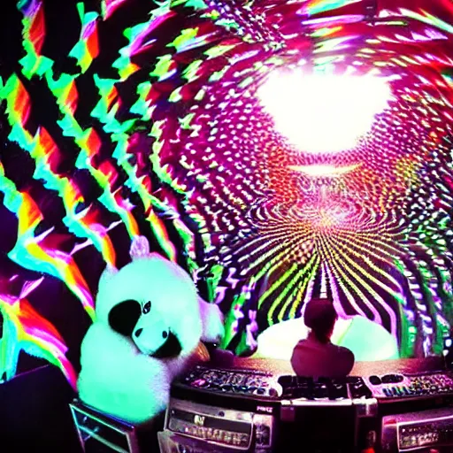 Image similar to a trippy panda bear DJing a club in Berlin, lsd visuals, techno night club