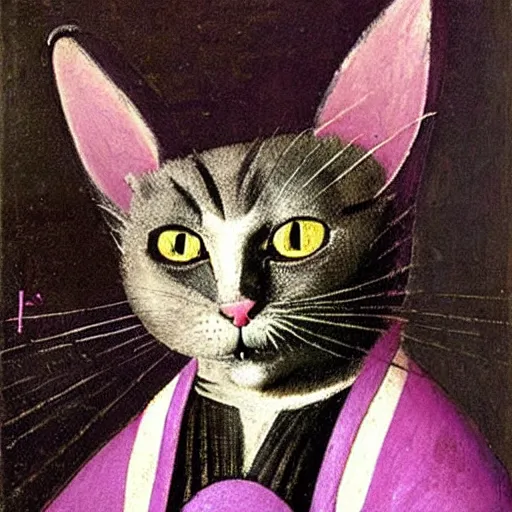 Image similar to portrait of the cat of cheshire bosch with pink and purple striped fur and a huge malicious smile by hieronymus bosch. oil on wood