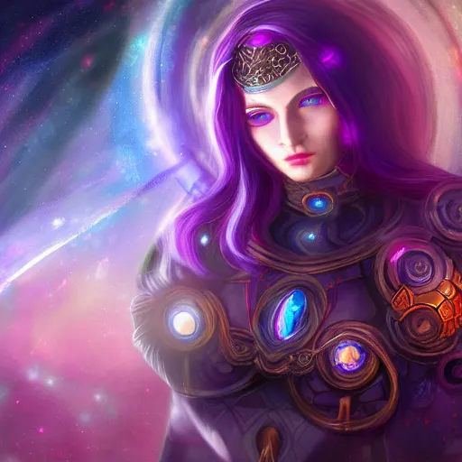 Image similar to Path of Exile, Maven, female image with purple hair among colourful lights, dark blue spheres fly around, Anachronism, painting, dark fantasy, steampunk, 4k,