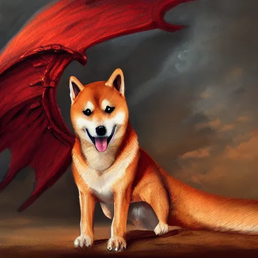 Image similar to an oil painting of a shiba inu with dragon wings, hd, artstation, 4 k wallpaper