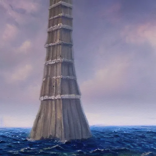 Prompt: highly detailed oil painting art of an ethereal tower rising from the ocean