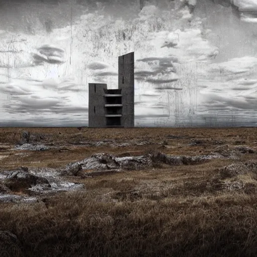 Image similar to a distorted post-apocalyptic landscape with a singular concrete military tower near the frozen lake hd 8k photo big lake high tower