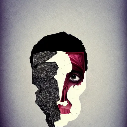 Image similar to face shredded like paper peeling, dark, surreal, illustration, by ally burke