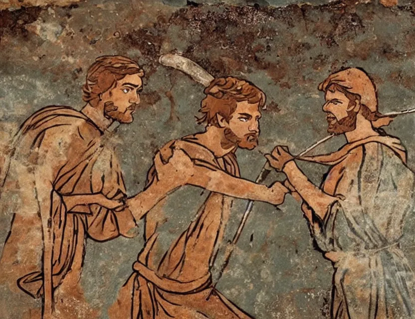 Prompt: ancient roman fresco depicting obi - wan kenobi and anakin's duel on mustafar