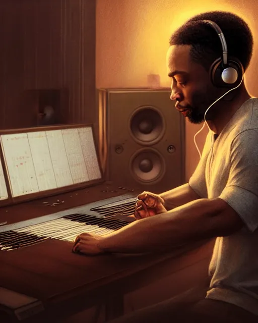 Image similar to light skin black man with headphones at his home studio producing music late at night, very detailed, 4 k, concept art like ernest khalimov, intricate details, highly detailed by greg rutkowski, ilya kuvshinov, gaston bussiere, craig mullins, simon bisley