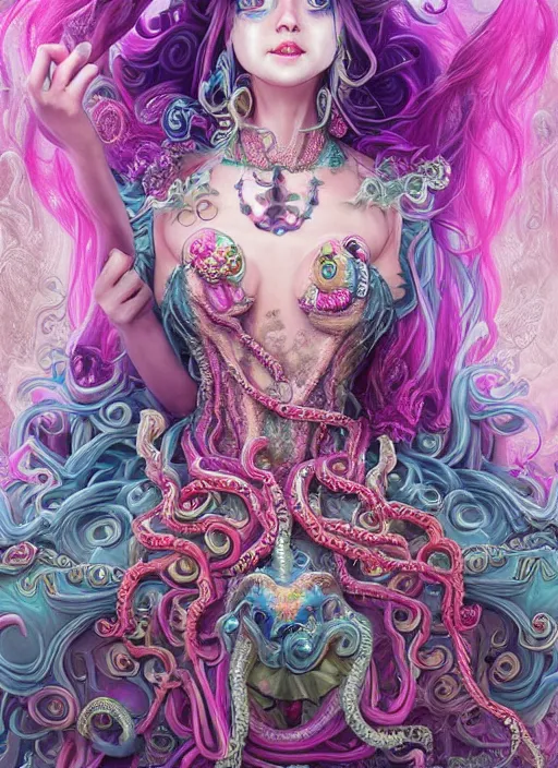 Prompt: A full body shot of a cute and mischievous monster princess made of tentacles wearing an ornate ball gown covered in jewels. Fancy Dress. Subsurface Scattering. Translucent Skin. Rainbow palette. rainbowcore. Eldritch Beauty. defined facial features, symmetrical facial features. Opalescent surface. beautiful lighting. By Giger and Ruan Jia and Artgerm and WLOP and William-Adolphe Bouguereau. Photo real. Hyper-real. Photorealism. Fantasy Illustration. Sailor Moon hair. Masterpiece. trending on artstation, featured on pixiv, award winning, cinematic composition, dramatic pose, sharp, details, Hyper-detailed, HD, HDR, 4K, 8K.