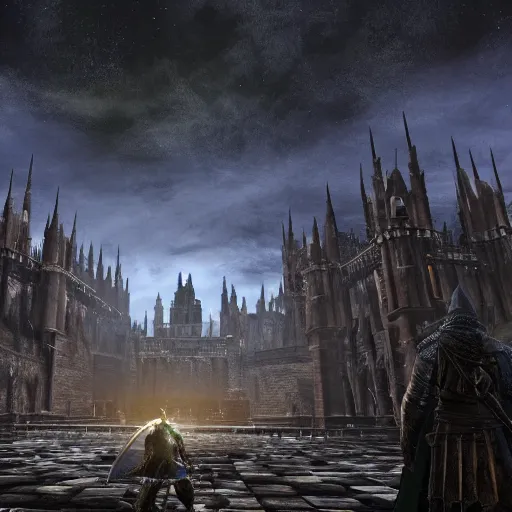 Image similar to A sprawling view of Anor Londo, Dark Souls in a starry night