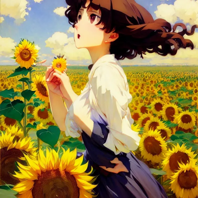 Image similar to beautiful sunflower anime girl, krenz cushart, mucha, ghibli, by joaquin sorolla rhads leyendecker, by ohara koson