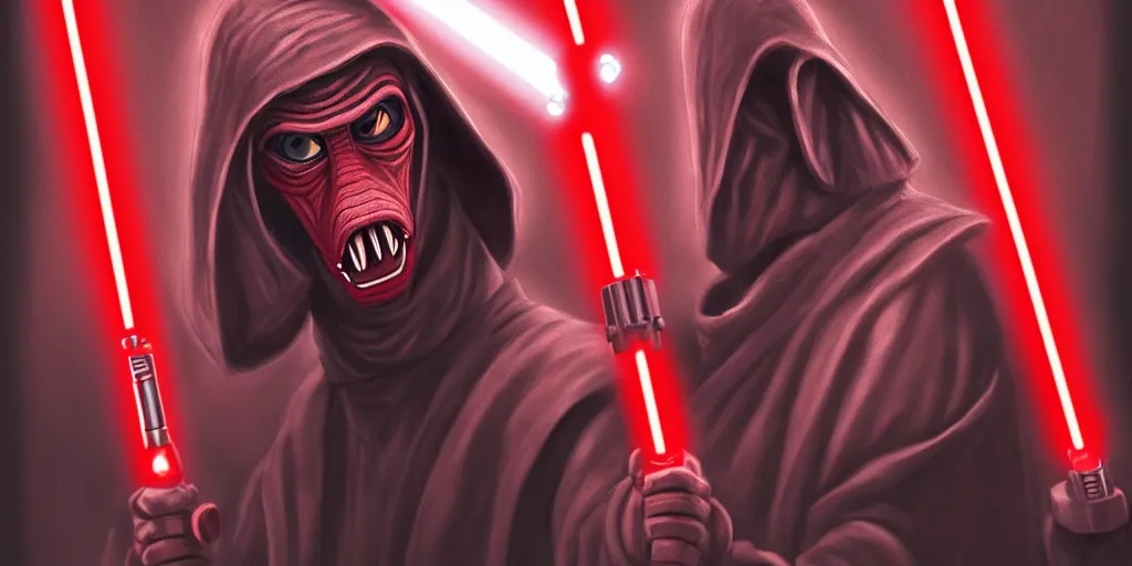 Image similar to jar jar binks as a sith lord, holding a red lightsaber, in the style of artstation