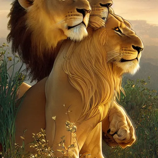 Prompt: contented lion and lioness cuddling with each other, golden hour, adorable, art by artgerm and greg rutkowski and alphonse mucha, 8k UHD