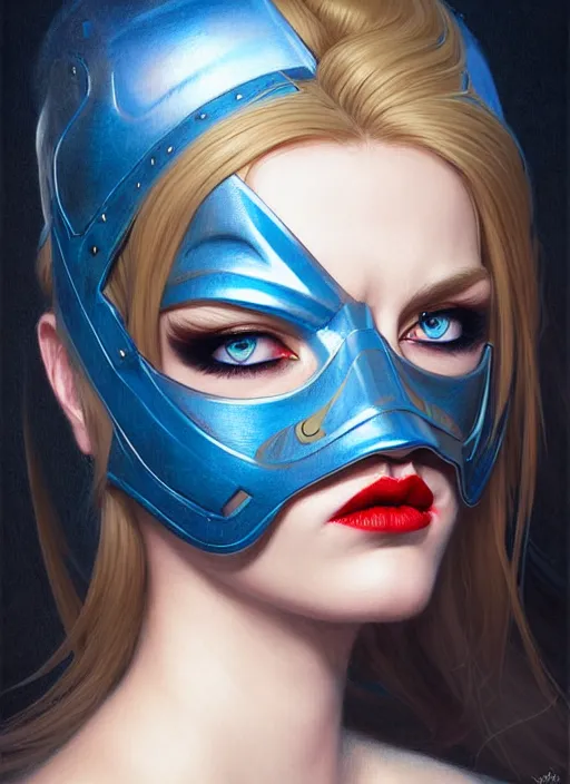 Prompt: artistic portrait of a cool and bored looking northern blond lady with small horns in black leather mask, beautiful blue eyes and red lips, art by artgerm and greg rutkowski and magali villeneuve, highly detailed, digital painting, trending on artstation, concept art, sharp focus, illustration