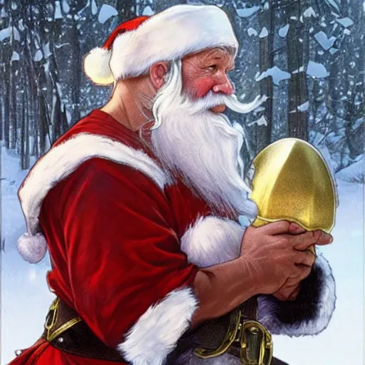 Image similar to santa claus wearing a viking helmet, art by artgerm, greg rutkowski and alphonse mucha