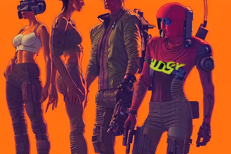 Image similar to cyberpunk heist crew. portrait by stonehouse and mœbius and will eisner and gil elvgren and pixar. character design. realistic proportions. dystopian. cyberpunk 2 0 7 7 character art, blade runner 2 0 4 9 concept art. cel shading. attractive face. thick lines. the team. detailed interesting characters.