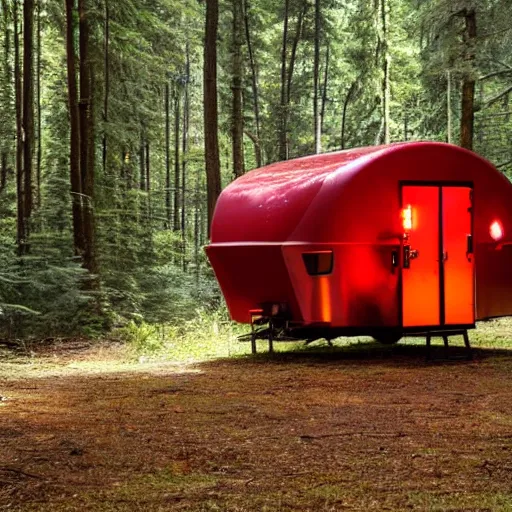 Prompt: a metal camper in a forest clearing, pillar of red light visible in background