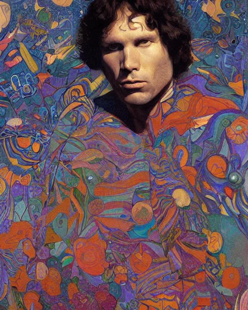 Prompt: jim morrison surrounded by bright intricate patterns, painted by edgar maxence, edward hopper, wayne barlowe and james gilleard, airbrush, art by jamesjean