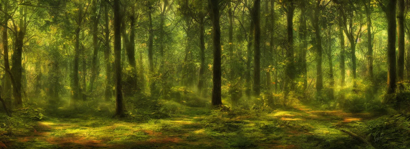 Image similar to a clearing in a forest, digital art, highly detailed, realistic, bright colors, 8 k